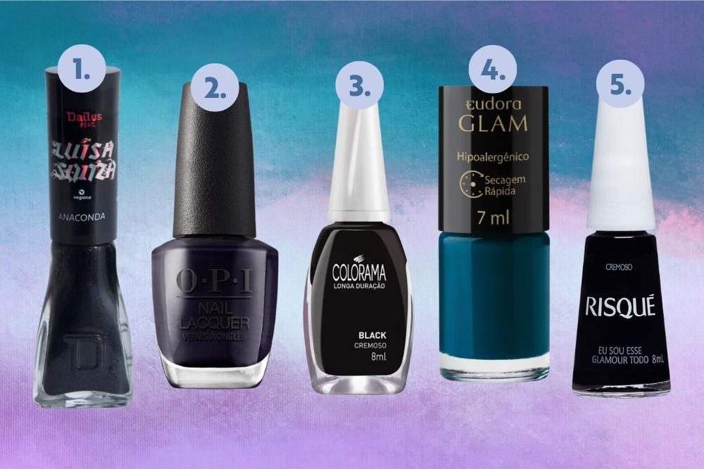 nail-art-taylor-swift-midnights Cinco esmaltes nas cores azul escura e preta em fundo degradê azul e lilás