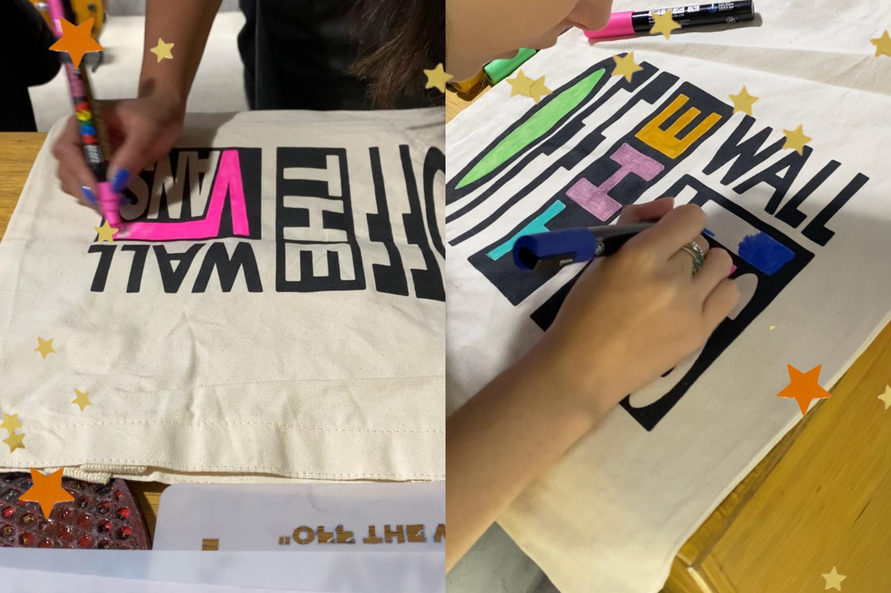 Montagem com duas imagens de uma ecobag sendo personalizada com caneta posca.