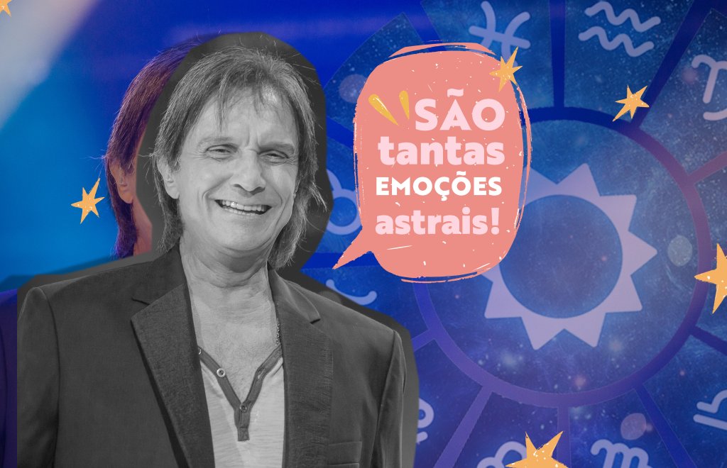 Foto do Roberto Carlos sorringo. Atrás dele, a imagem dos doze signos do zodíaco