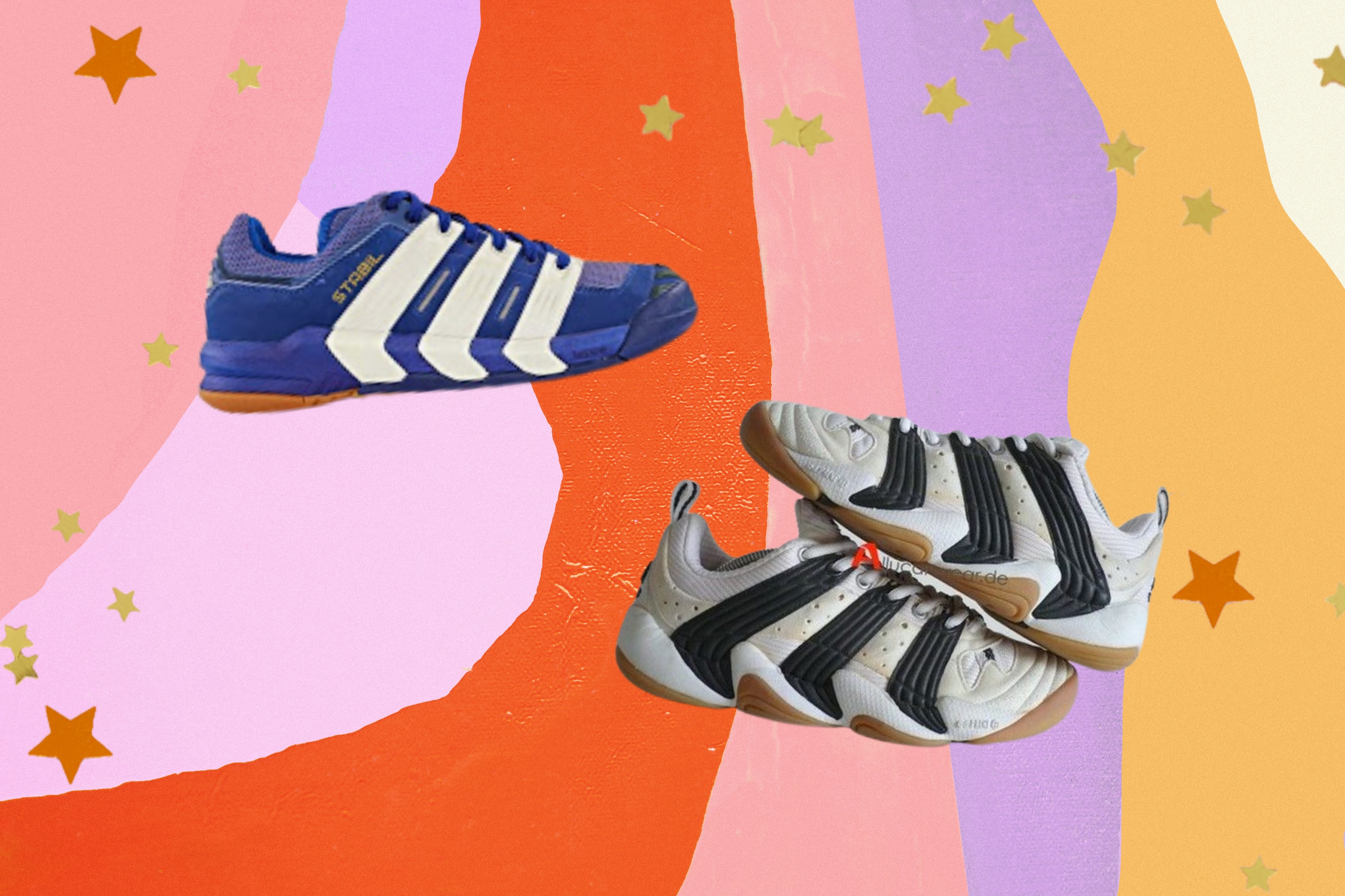 Montagem com o fundo colorido e detalhe de estrelas nas bordas com a foto de dois tênis no centro do modelo Adidas Stabil anos 2000.
