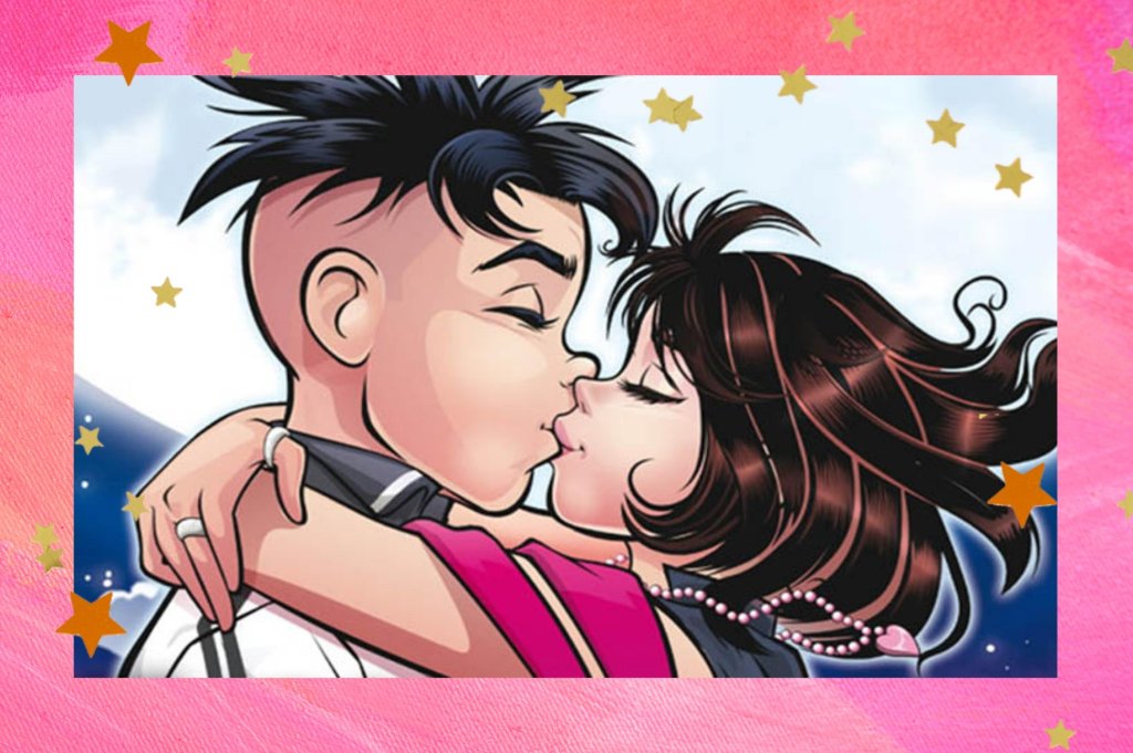 Montagem com o fundo rosa e detalhe de estrelas nas bordas com a foto da Mônica e do Cebolinha no centro. Na imagem eles estão abraçados e se beijando.