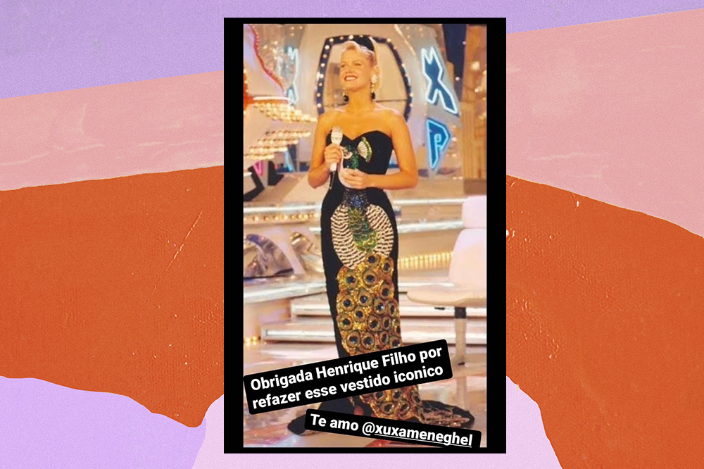 Vestido da Xuxa Meneghel que serviu de inspiração para Anitta em montagem com fundo lilás, rosa e laranja