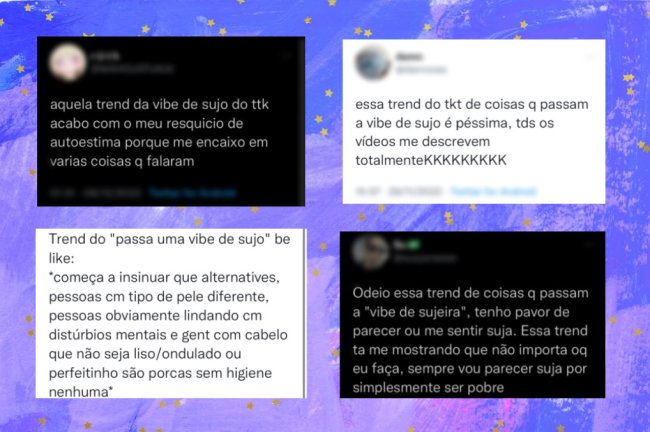Trend vibe de sujo e de pobre é ofensiva Montagem de print de relatos de usuários ofendidos no Twitter