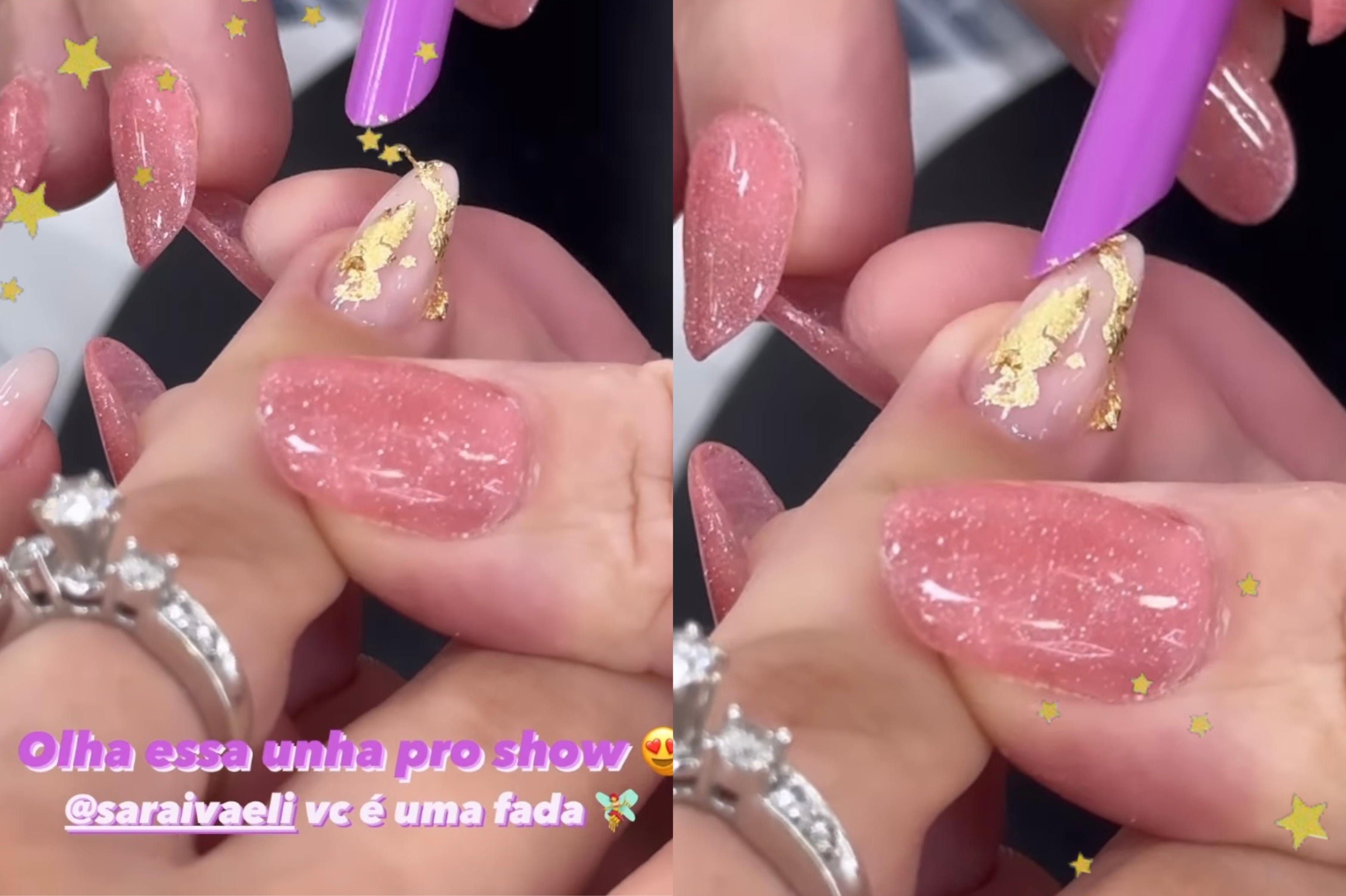 as-unhas-de-ouro-da-larissa-manoela Print do story da Larissa Manoela com as unhas decoradas com detalhes de ouro.