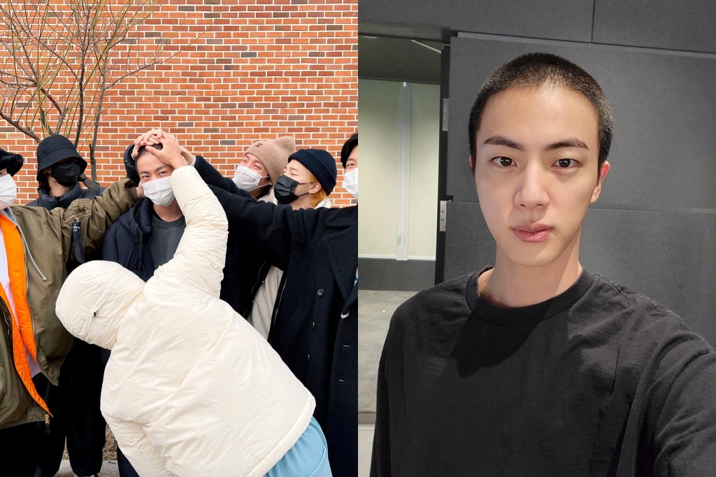 BTS com Jin posando para foto, e foto de Jin com cabelo raspado