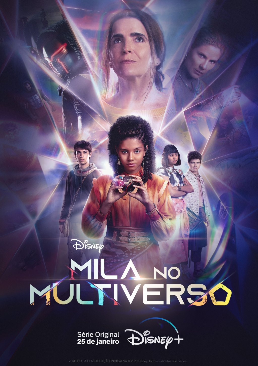 Pôster dos personagens de Mila no Multiverso com detalhes em roxo e o nome da série na parte inferior central da imagem