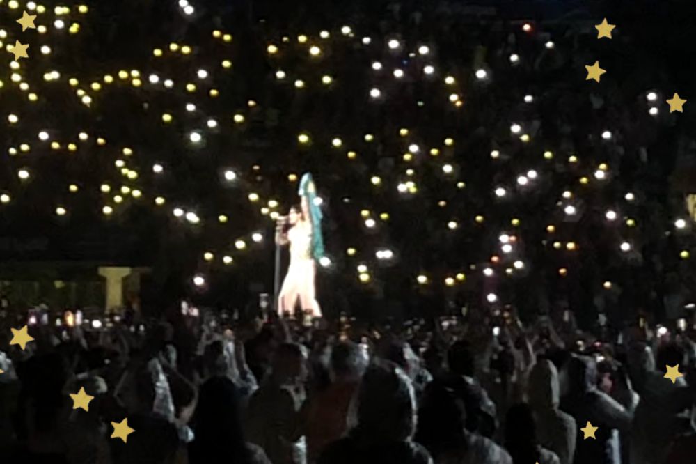 Harry Styles no palco cantando enquanto segura bandeira do Brasil em show; luzes de lanternas de celulares estão iluminadas na multidão ao redor dele