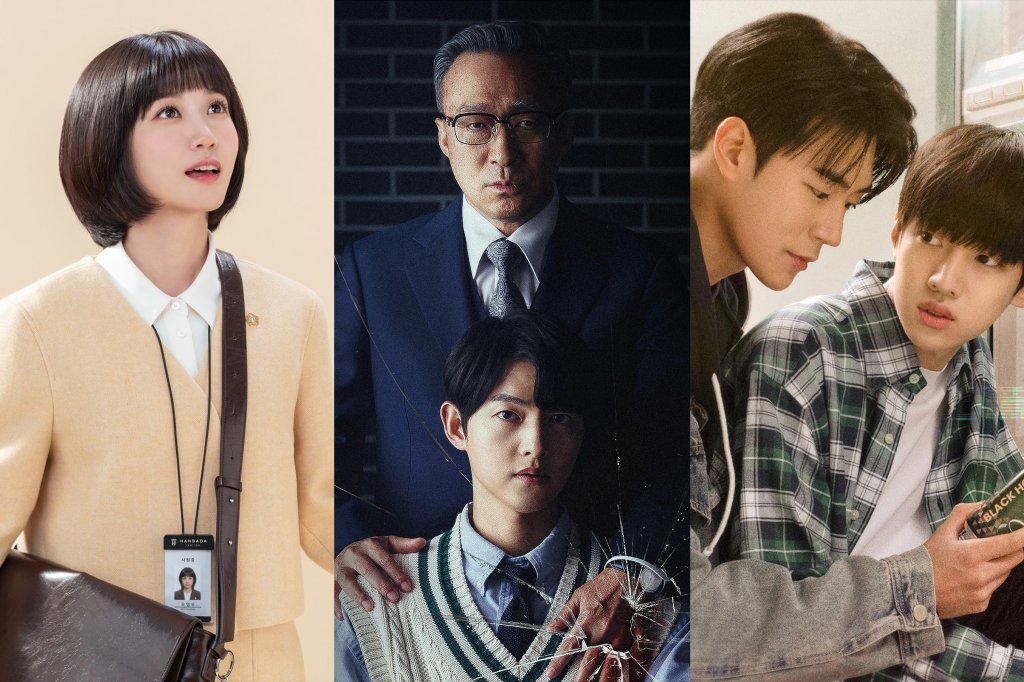 Três imagens de divulgação de k-dramas com cenas e personagens das séries