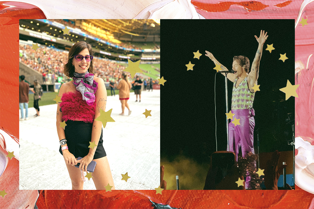 Montagem em fundo vermelho e rosa com foto da repórter Sofia Duarte à esquerda e Harry Styles à direita