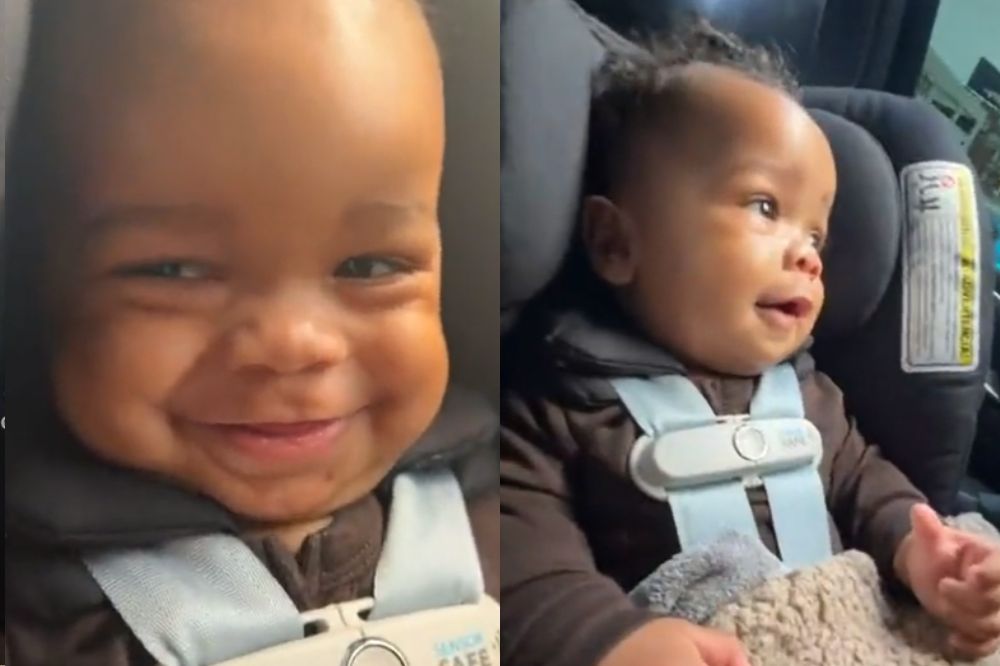 Duas imagens do bebê de Rihanna; na primeira ele está sorrindo e na segunda ele está observando a rua pela janela do carro