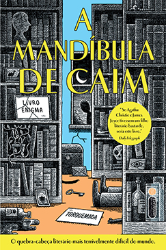 Capa de A Mandíbula de Caim com uma estante em preto e branco, uma parede azul e um chão laranja; o título e detalhes do livro estão em destaque na cor amarelo na capa