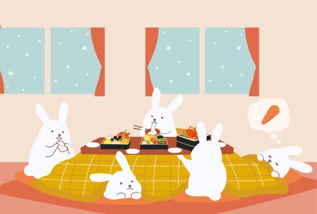 Ilustração de coelhos comendo comida japonesa