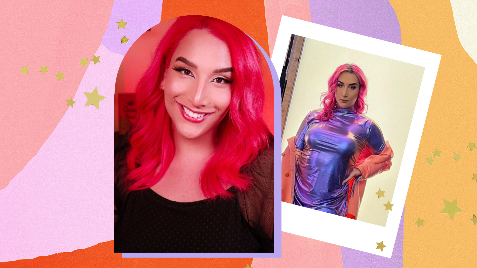 Duas fotos da criadora de conteúdo Bryanna Nasck em fundo rosa, lilás, laranja e amarelo