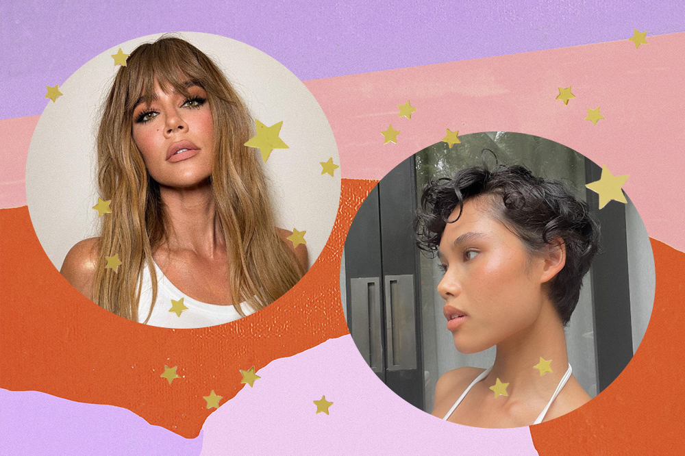 Montagem em fundo lilás, rosa e laranja com duas fotos em molduras circulares. Khloé Kardashian à esquerda loira com franja e garota à direita com cabelo pixie