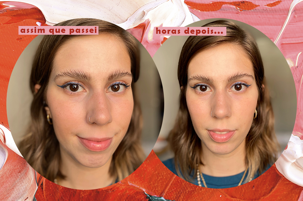 Montagem em fundo rosa e vermelho com duas fotos da repórter Sofia Duarte testando o produto de sobrancelhas da Anastasia Beverly Hills