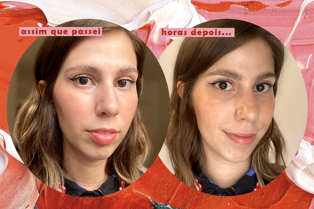 Montagem em fundo rosa e vermelho com fotos da repórter Sofia Duarte usando gel de sobrancelhas da Benefit