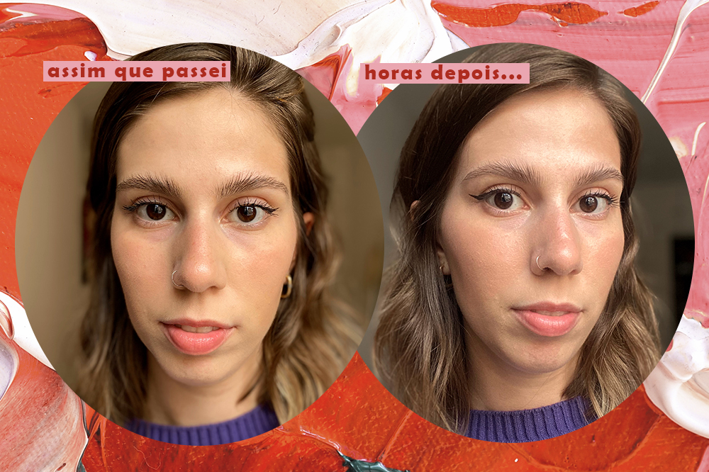 Montagem em fundo rosa e vermelho com fotos da repórter Sofia Duarte usando produto de sobrancelhas da Vic Beauté
