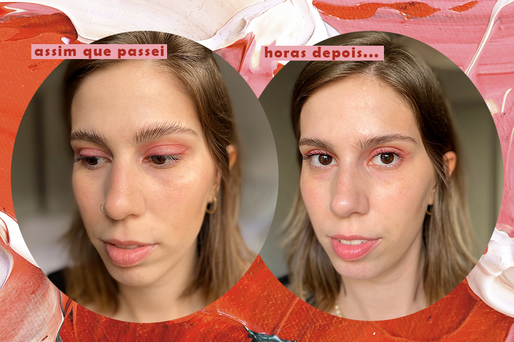Montagem em fundo rosa e vermelho com fotos da repórter Sofia Duarte testando produto para sobrancelhas da Vizzela
