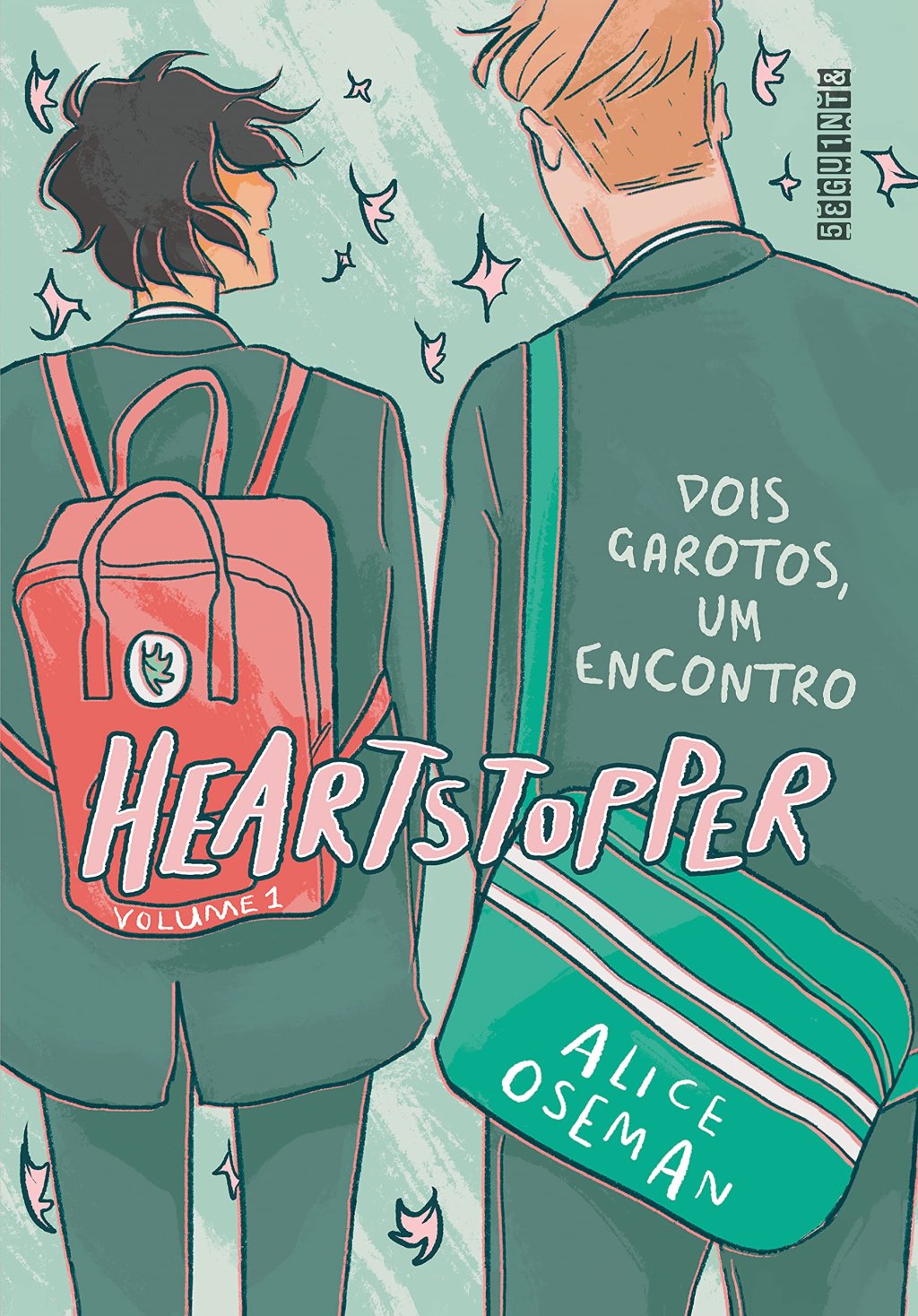 Capa de Heartstopper com dois ilustração de dois meninos de costas em um fundo verde; o título está na parte central em rosa e na parte direita está escrito "Dois garotos, um encontro"