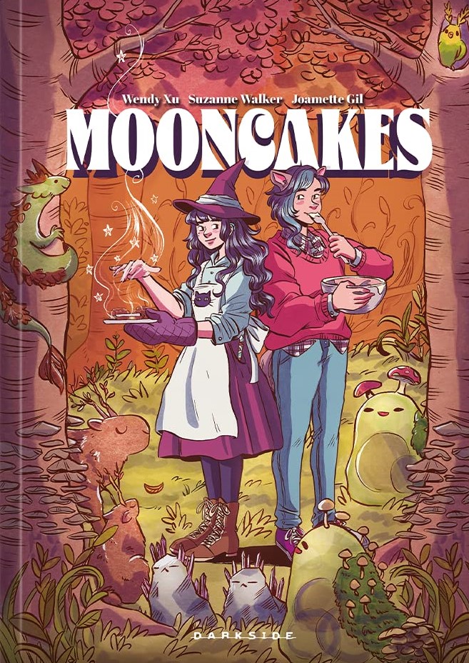 Capa de Mooncakes com ilustração de duas pessoas em uma floresta de costas uma para outra; o título está em branco na parte superior central da imagem
