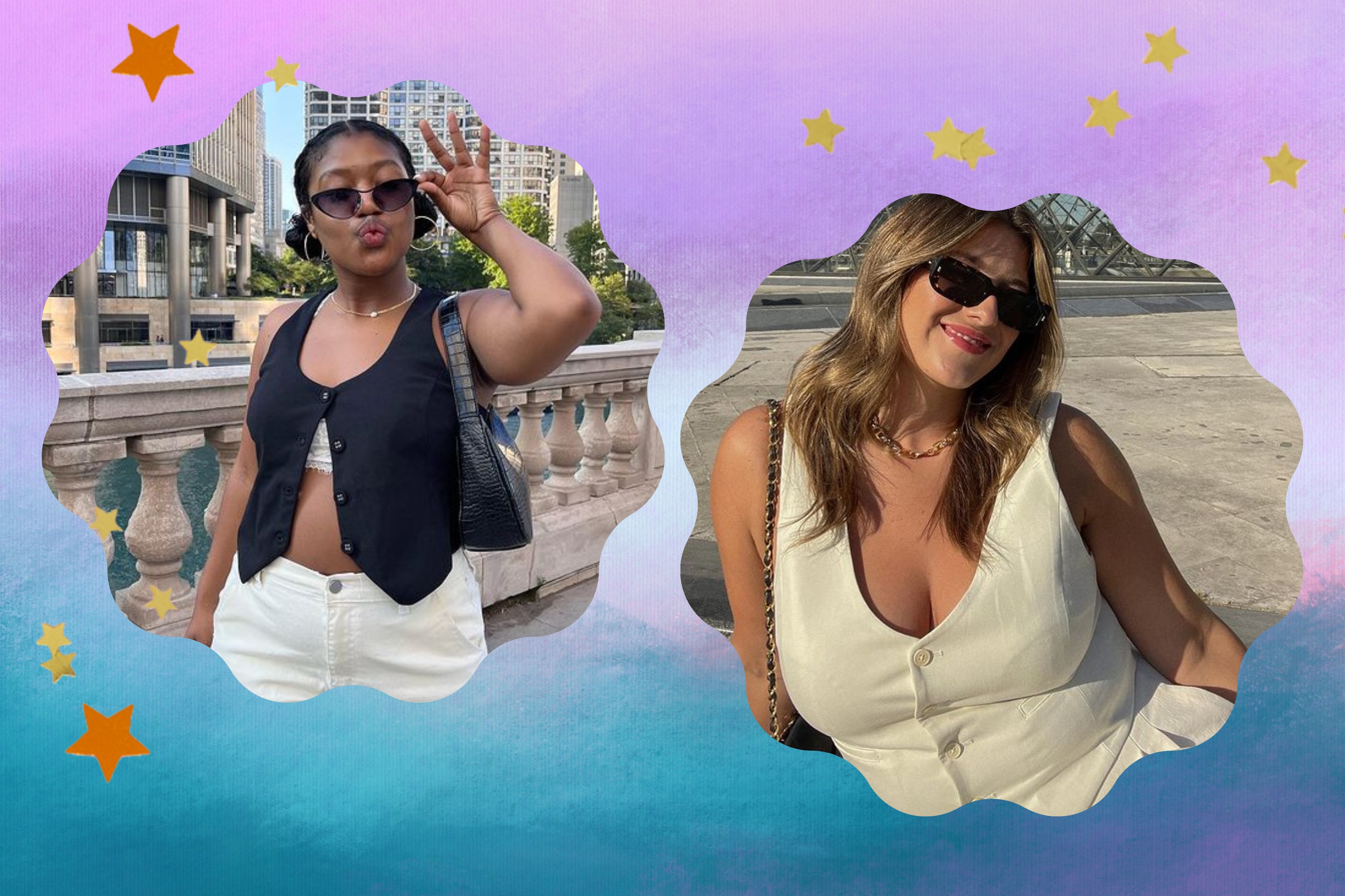 o-colete-de-alfaiataria-e-a-peca-fashionista-da-vez Montagem com o fundo colorido e detalhe de estrelas nas bordas com a foto de duas mulheres usando colete de alfaiataria no centro.