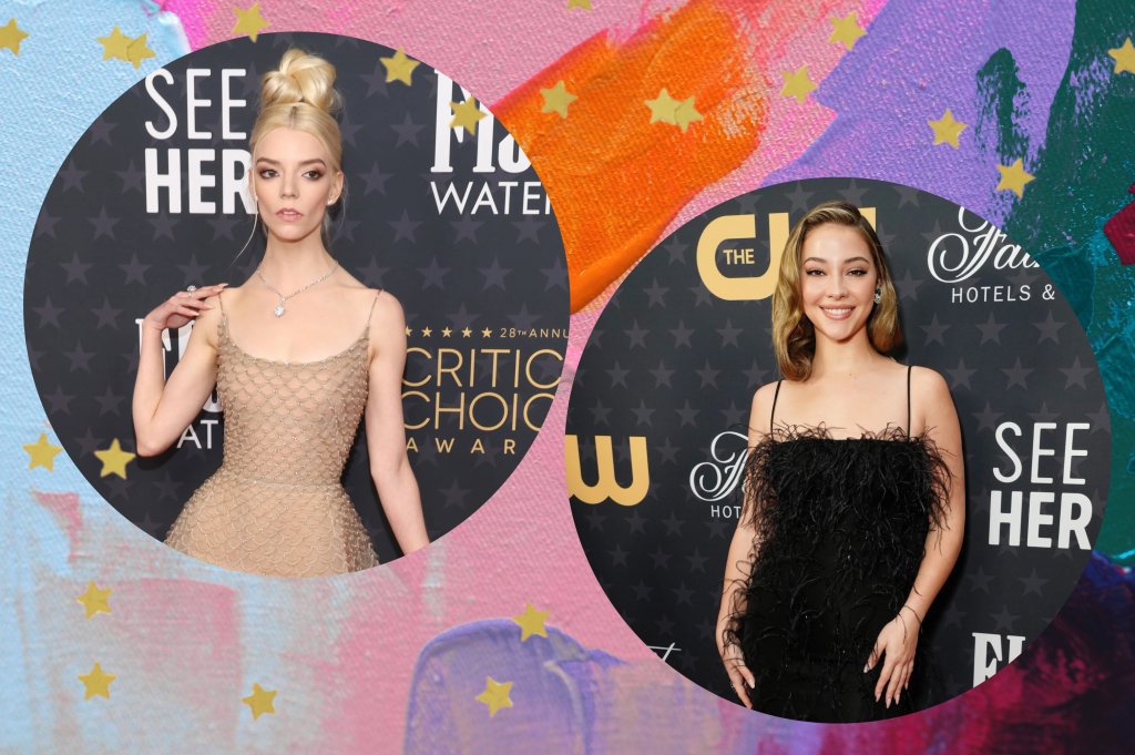 Montagem com o fundo colorido e detalhe de estrelas douradas nas bordas com duas fotos da Anya Taylor-Joy e a Madelyn Cline no tapete vermelho do Critics Choice Awards 2023.