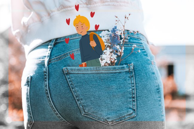 Ilustração de um rapaz loiro apaixonado dentro do bolso de trás da calça jeans de uma menina