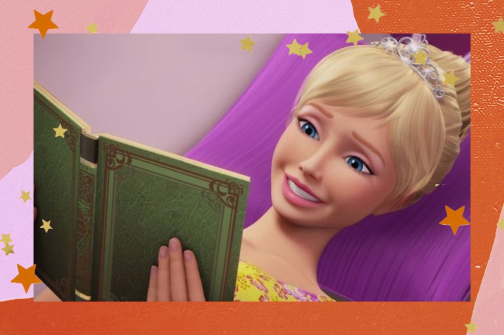Montagem com o fundo colorido e detalhe de estrelas nas bordas com a foto de uma cena da Barbie lendo o livro deitada em uma cama.