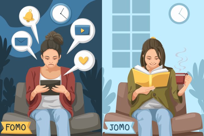 Imagem de uma menina sentindo FOMO ao ficar grudada no celular e de outra sentindo JOMO, ao ler um livro