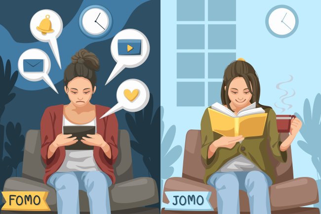 fomo no carnaval, como lidar e evitar a pressão social para curtir a folia Imagem de uma menina sentindo FOMO ao ficar grudada no celular e de outra sentindo JOMO, ao ler um livro