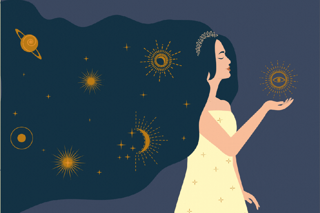 Ilustração de uma mulher envolta de astros. Ela está de lado, tem um cabelo comprido e segura um sinal de terceiro olho