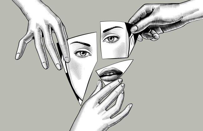 Ilustração de mãos segurando pedaços de espelhos quebrados, que refletem o rosto de uma mulher