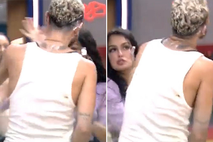 Larissa dando (ou tentando dar) um tapa em Fred no Big Brother Brasil 23