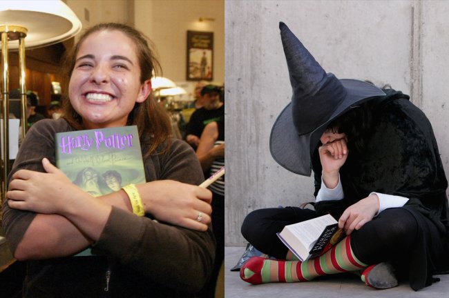 Duas jovens interagem com seus livros de Harry Potter. Uma abraça ele e outra o lê sentada, vestida de bruxa