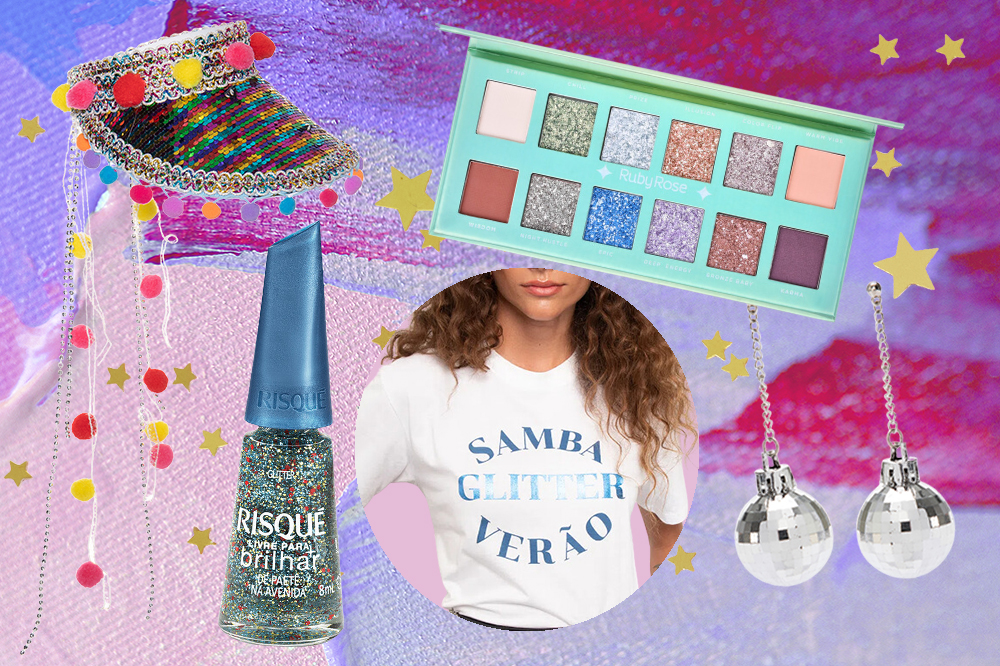 Montagem em fundo lilás e roxo com itens de Carnaval: viseira, paleta de sombras, camiseta, esmalte de glitter e brinco de disco