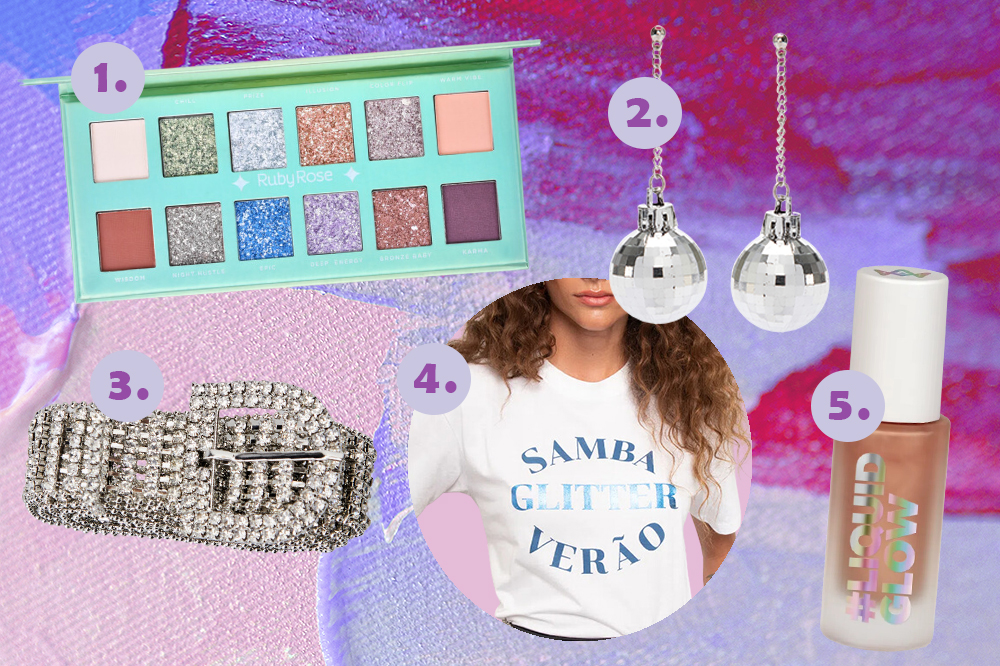 Montagem em fundo lilás e roxo com itens de Carnaval: paleta de sombras, cinto de strass, camiseta, brincos de disco e iluminador líquido