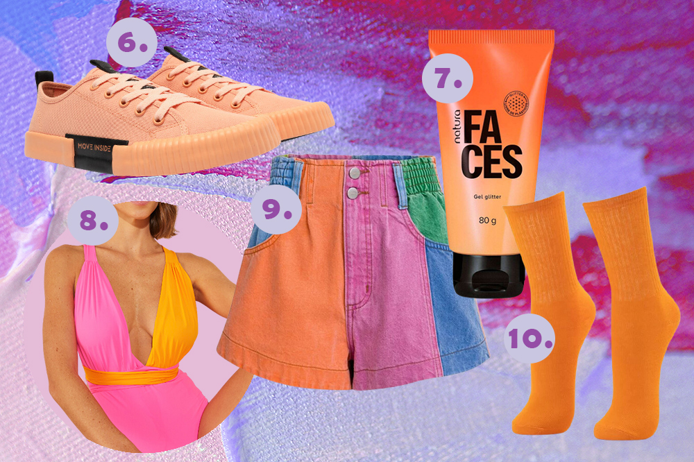Montagem em fundo lilás e roxo com itens de Carnaval: tênis laranja, maiô, short colorido, glitter corporal e meia laranja