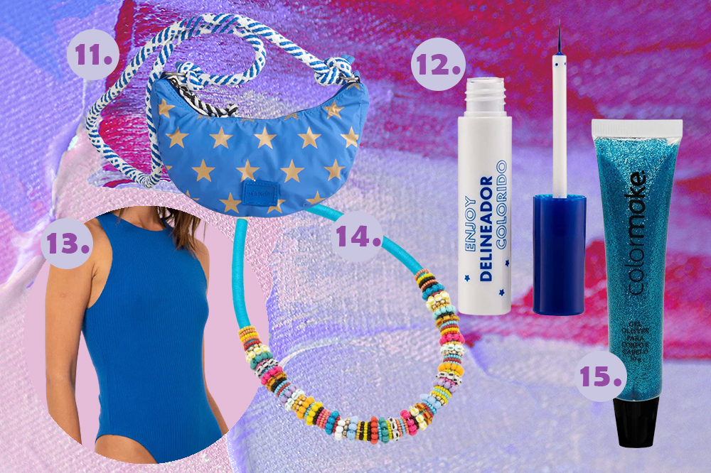Montagem em fundo lilás e roxo com itens de Carnaval: bolsa azul, body azul, colar de miçangas, delineador azul e glitter azul