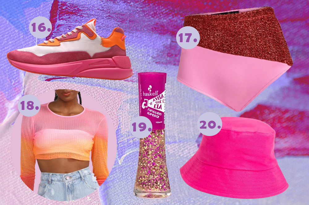 Montagem em fundo lilás e roxo com itens de Carnaval: tênis rosa, hot pants, blusa de tela rosa e laranja, esmalte de glitter e bucket hat rosa