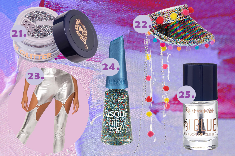 Montagem em fundo lilás e roxo com itens de Carnaval: glitter em pó, viseira, legging prata, esmalte de glitter e cola de glitter