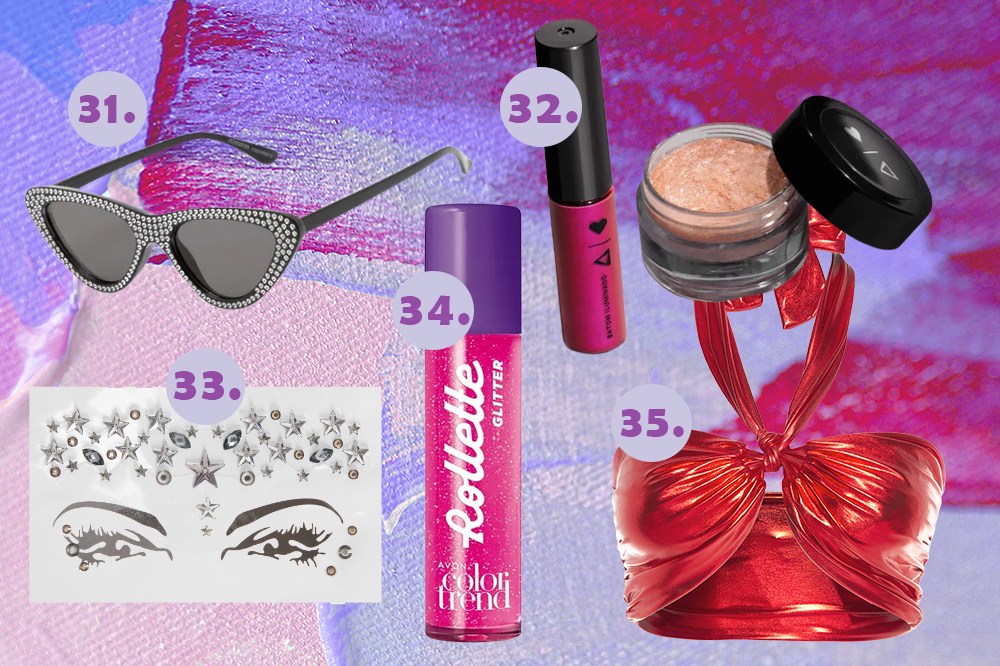 Montagem em fundo lilás e roxo com itens de Carnaval: óculos de sol, batom rosa, iluminador, brilho de rosto, gloss labial e top vermelho metalizado