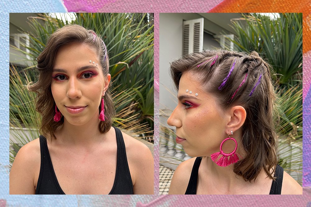 Maquiagem e penteado para o Carnaval na Sofia Duarte, repórter de moda e beleza da CH. Montagem em fundo azul, rosa e laranja
