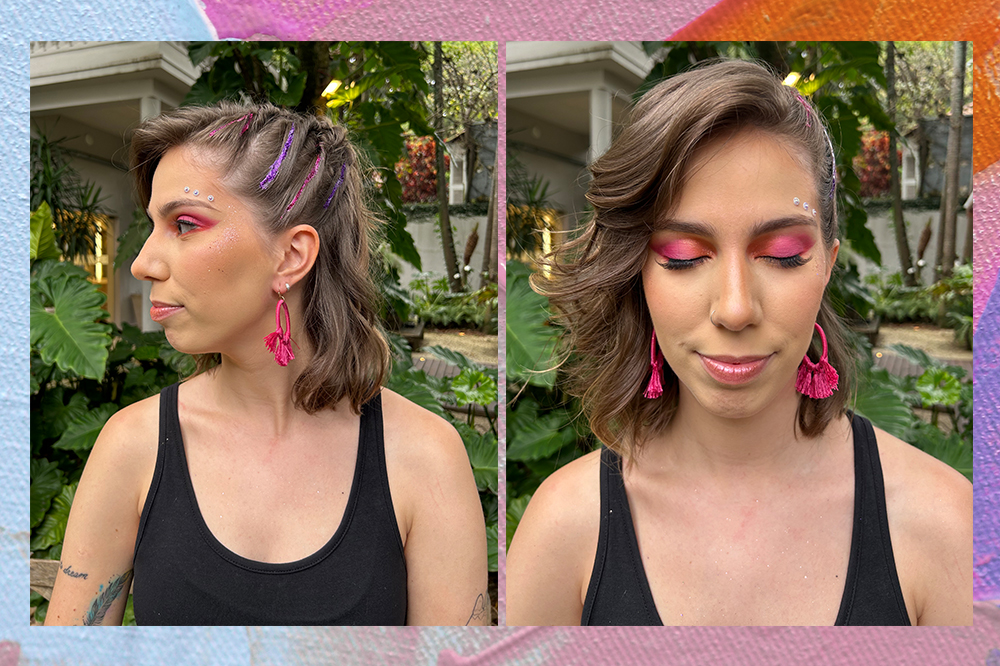 Maquiagem e penteado para o Carnaval na Sofia Duarte, repórter de moda e beleza da CH. Montagem em fundo azul, rosa e laranja