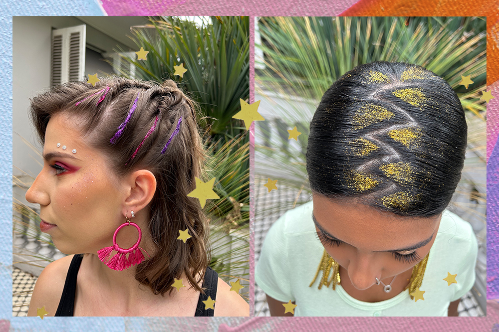 Montagem em fundo azul, rosa e vermelho com duas fotos das repórteres de moda e beleza da CAPRICHO usando penteados e maquiagens para o Carnaval
