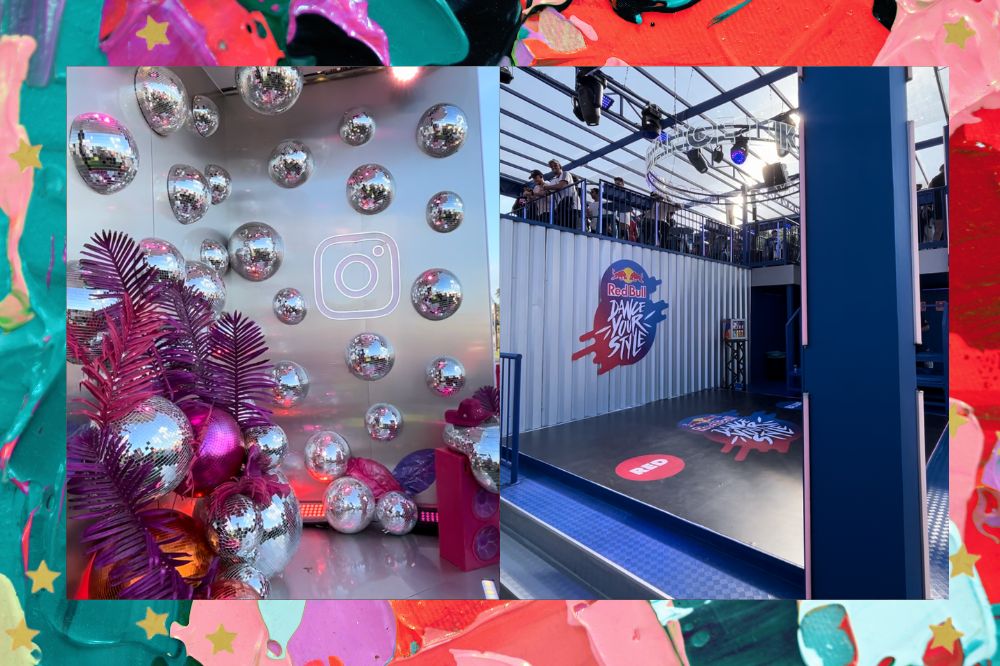 Ativações no Lollapalooza BR 2023; na primeira imagem o estande do Instagram com globos metalizados e na segunda o estande da RedBull com uma pista de dança