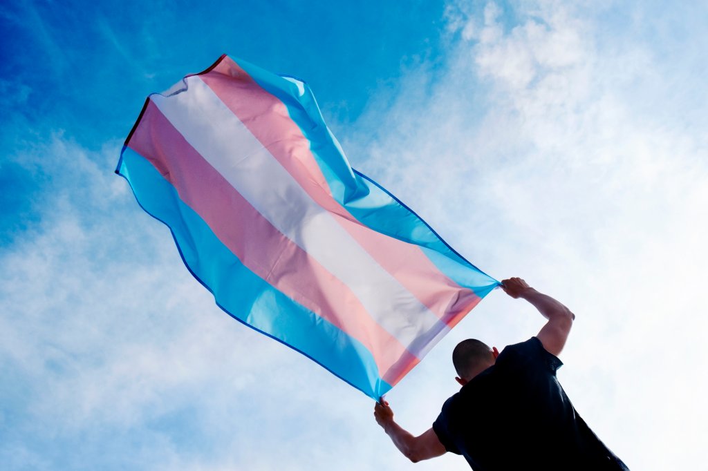 pessoa estende bandeira trans (azul, rosa e branco)