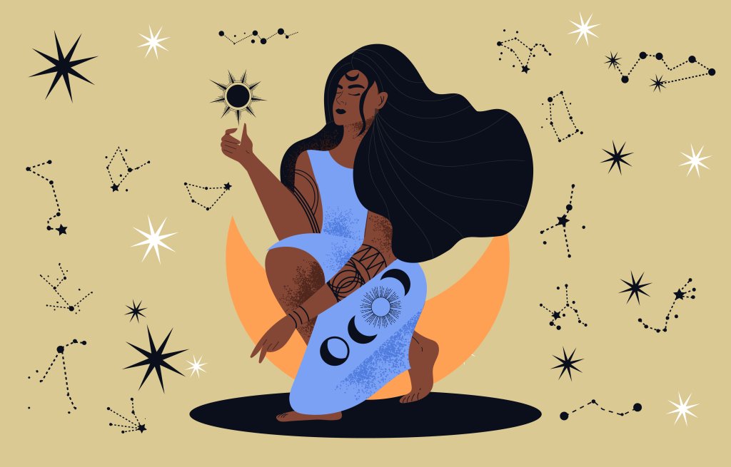 Ilustração de uma mulher negra envolta de constelações de signos