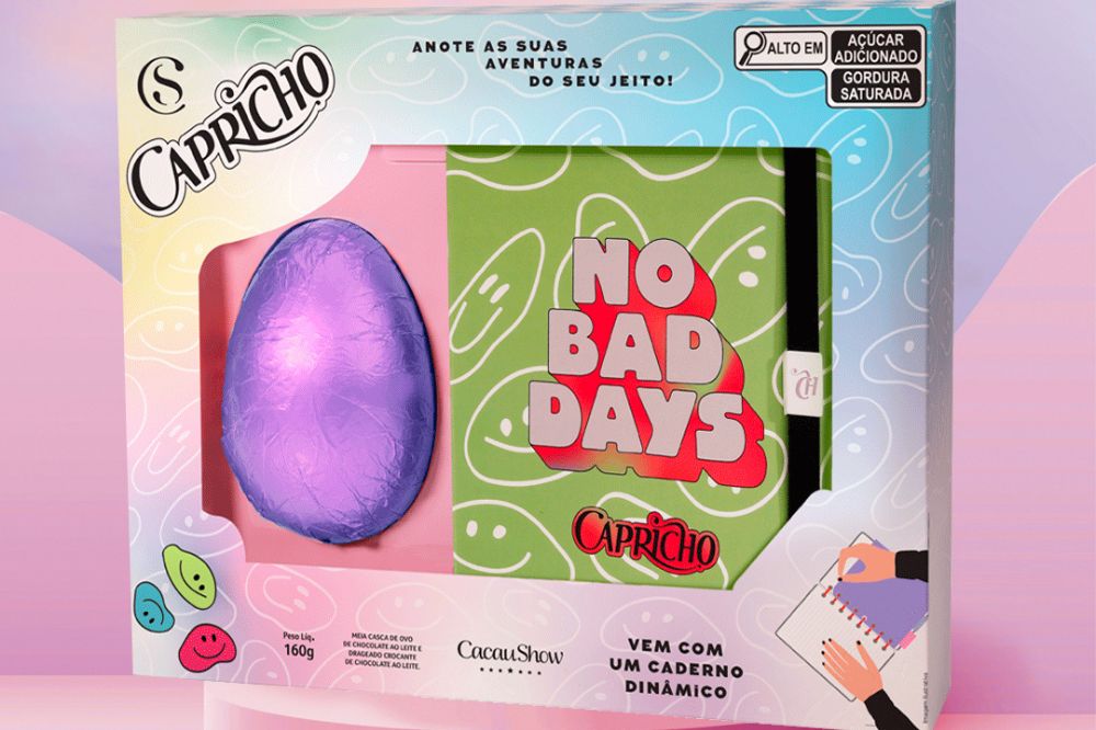 Kit de Páscoa 2023 CAPRICHO + Cacau Show com ovo de chocolate e caderno de capa surpresa