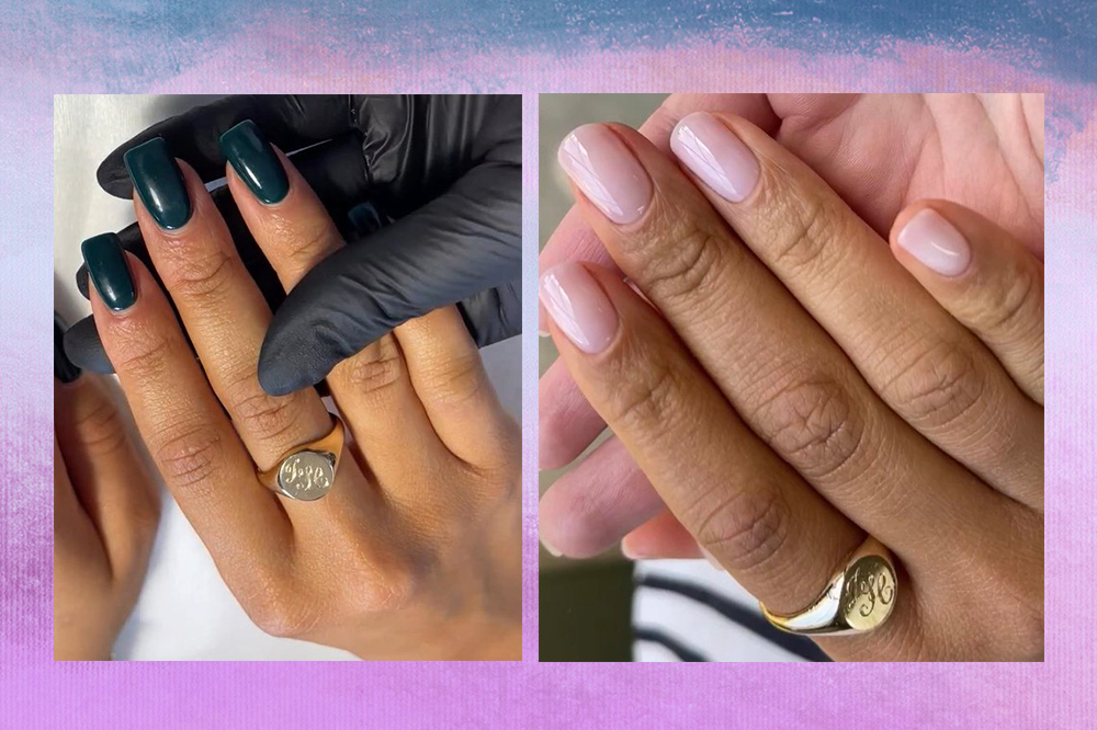 Montagem em fundo degradê lilás e azul com duas fotos da mão da Zendaya usando anel dourado com iniciais do Tom Holland