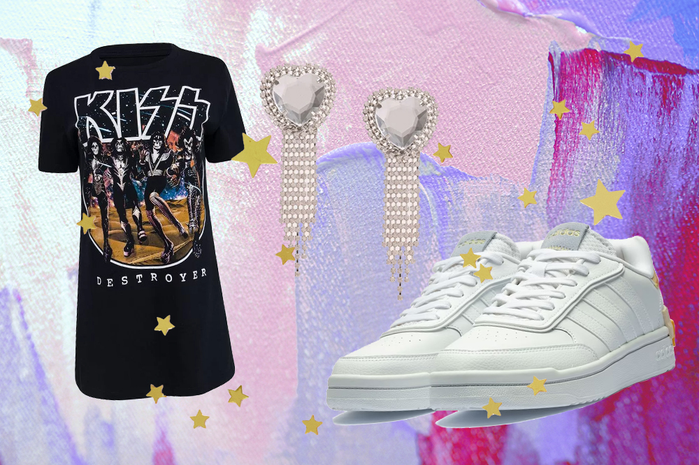 Montagem em fundo lilás e roxo com foto de camiseta do Kiss, brincos de strass e tênis branco